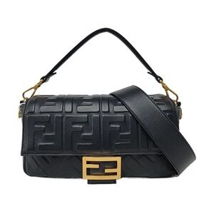 Fendi Black Embossed Leather Shoulder Bag with Gold Accents